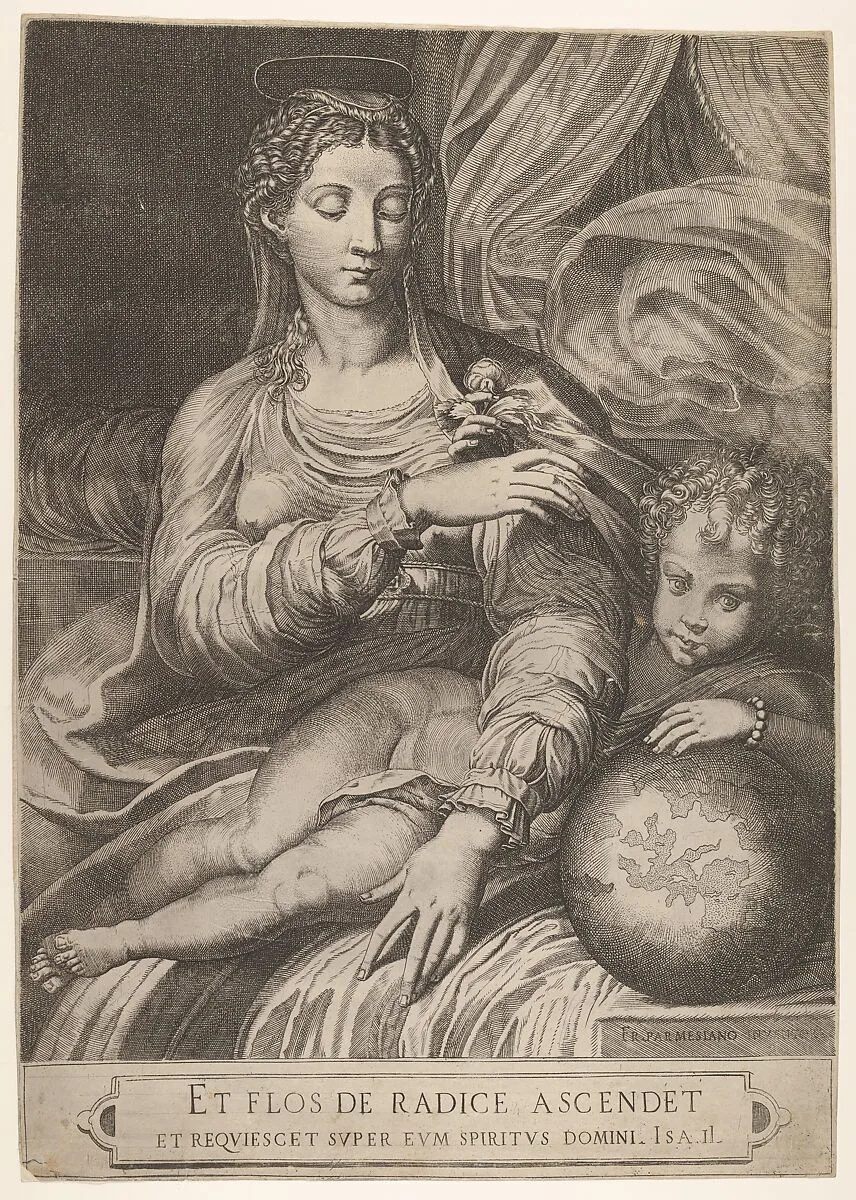Madonna of the Rose, she reaches for a rose held by the Christ child, who rests his left arm on a globe — Parmigianino (Girolamo Francesco Maria Mazzola)|Domenico Tibaldi