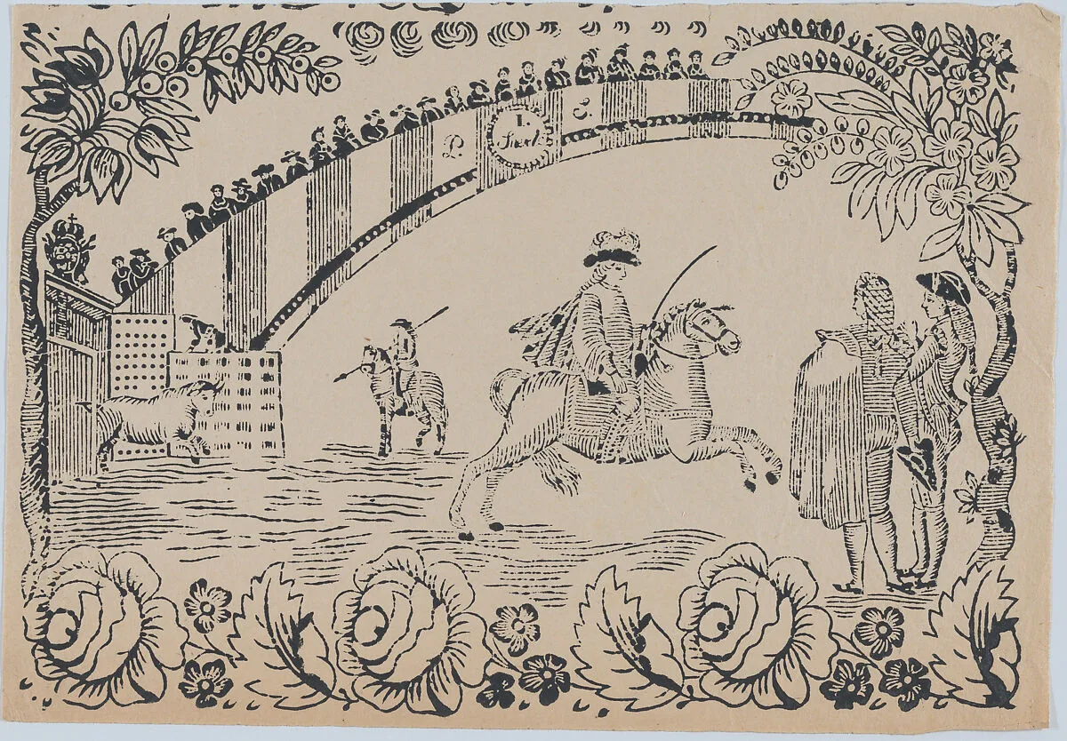 Suerte I: Bull entering the bullring after a law officer on horseback; two toreros standing to right — Antonio Carnicero|Anonymous, Spanish, 19th century
