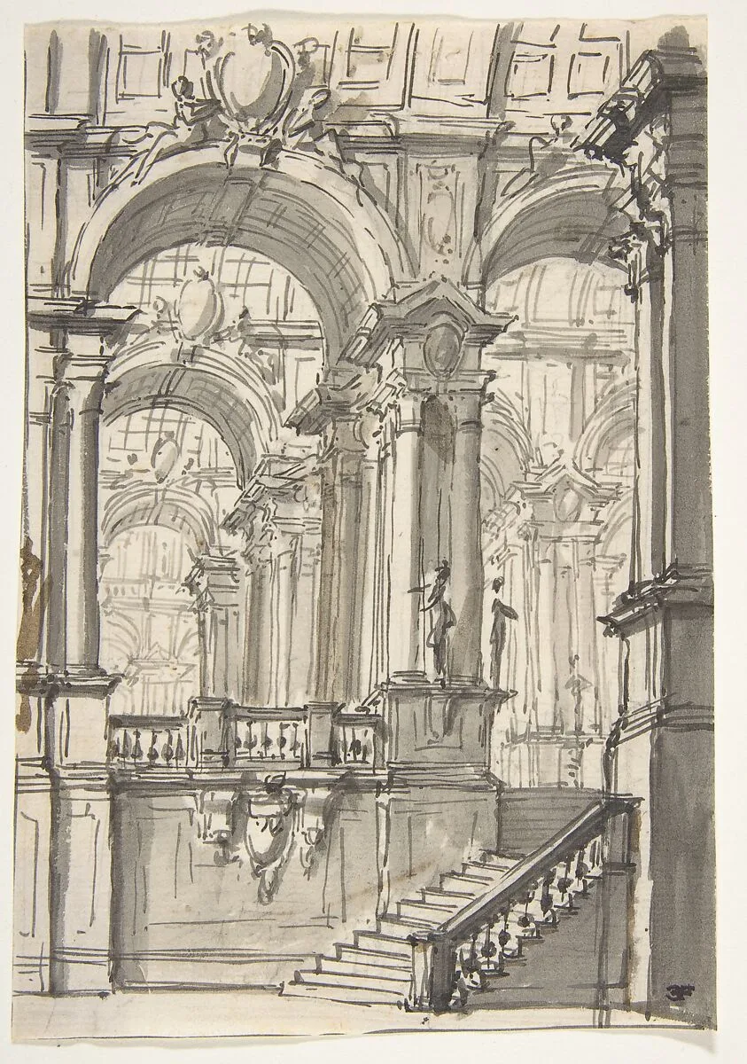 Design for a Stage Sets: Anteroom with Stairs Leading to a Gallery Composed of a Series of Connected Barrel Vaults — Giovanni Battista Natali III