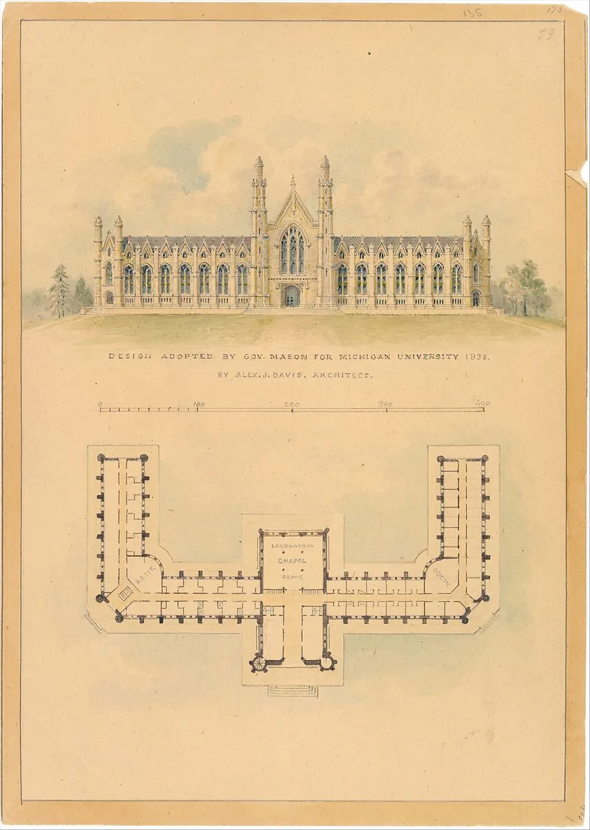 Design Adopted by Governor Mason for University of Michigan (elevation and plan) — Alexander Jackson Davis