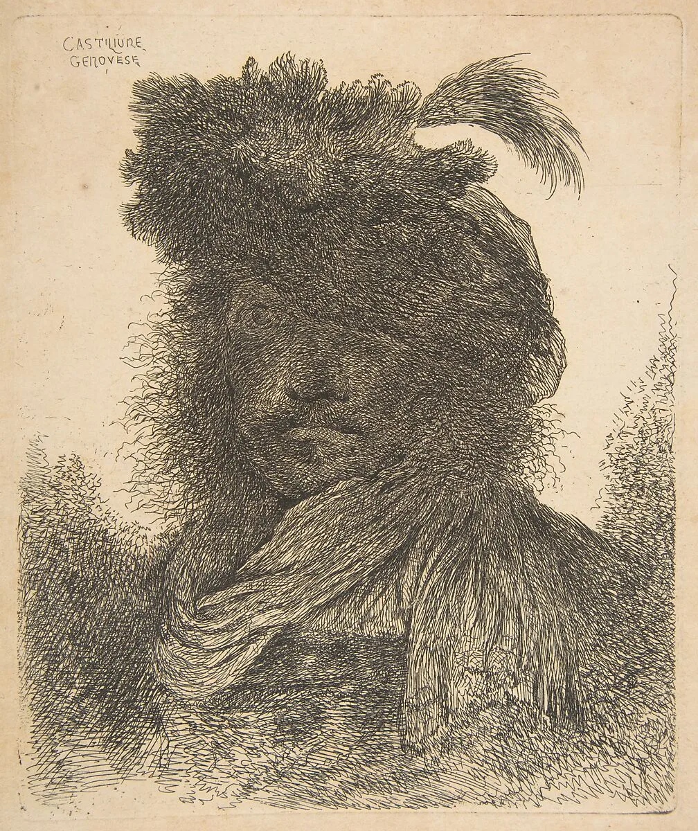 Head of a man in shadow turned slightly to the left, from the series of 'Large Oriental Heads' — Giovanni Benedetto Castiglione (Il Grechetto)