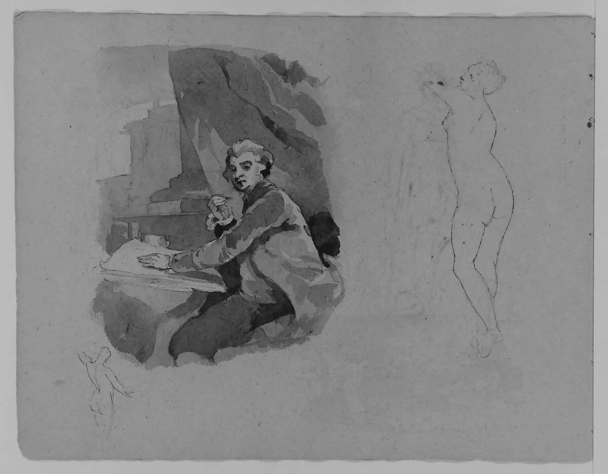 Portrait of Seated Man with Pen and Paper; Standing Female Nude, Rear View (from Sketchbook) — Thomas Sully
