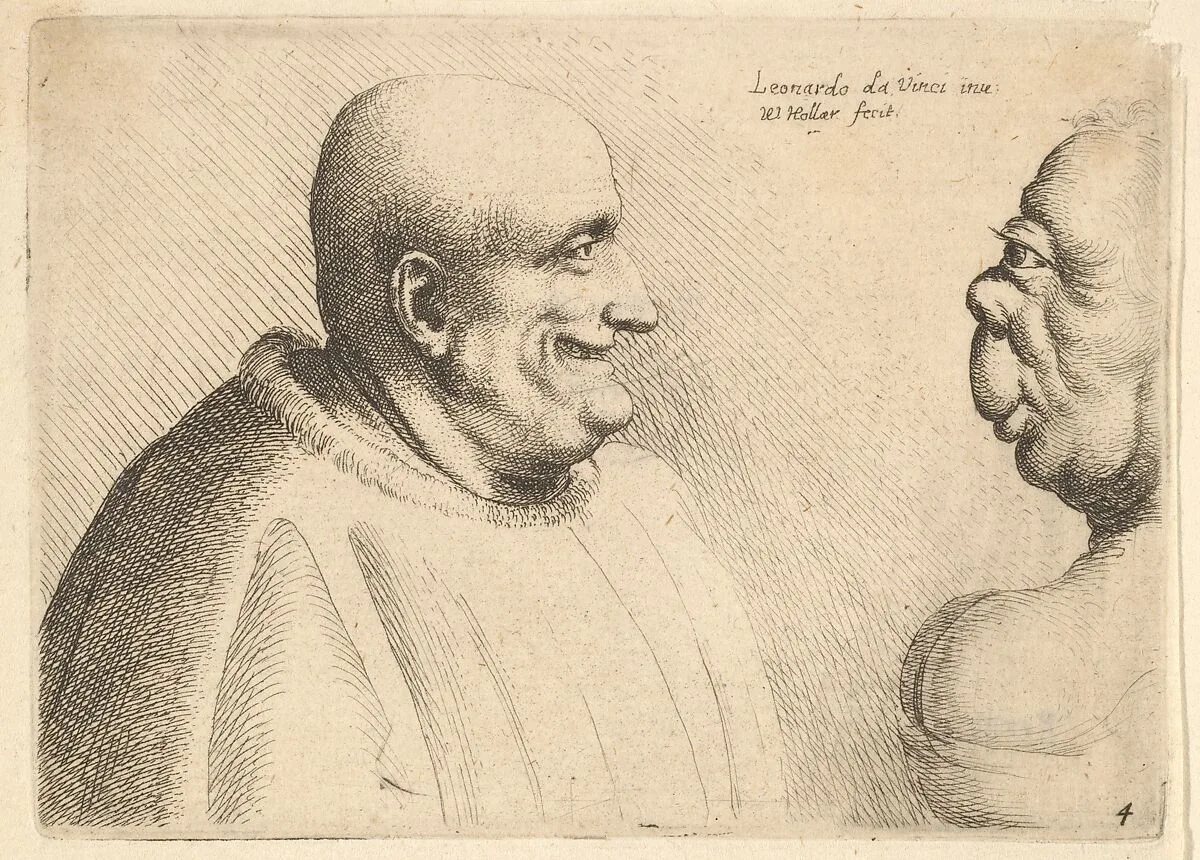A large man with a bald head facing a grotesque female — Leonardo da Vinci|Wenceslaus Hollar