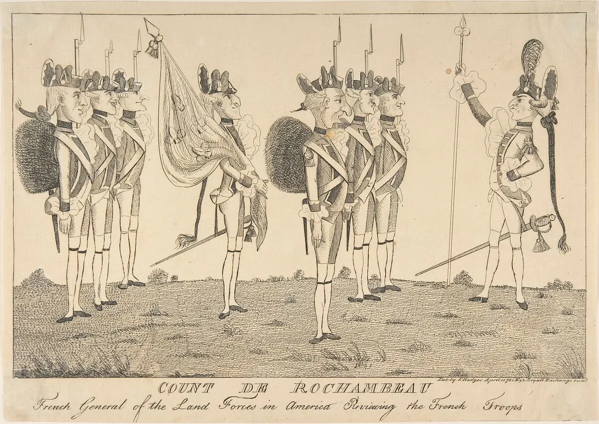 Count de Rochambeau, French General of the Land Forces in America Reviewing the French Troops — Jean-Baptiste Donatien de Vimeur, comte de Rochambeau|Edward Hedges|Anonymous, British, 18th century
