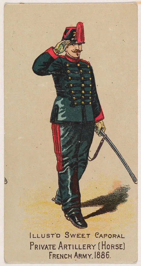 Private, Artillery (Horse), French Army, 1886, from the Military Series (N224) issued by Kinney Tobacco Company to promote Sweet Caporal Cigarettes — Kinney Brothers Tobacco Company