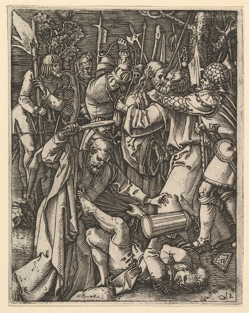 Judas kissing Christ surrounded by soldiers; St Peter attacking Malchus in foreground, after Dürer — Marcantonio Raimondi|Albrecht Dürer