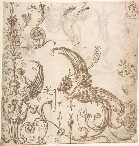 Female grotesque and harpy (recto); fantastical creatures and masks (verso)