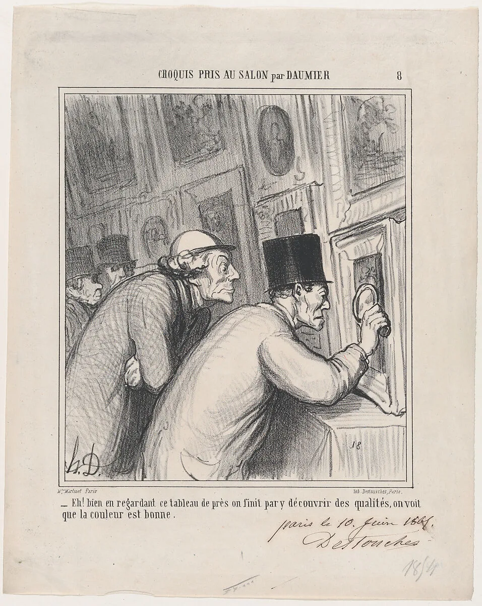 Well, if you look very closely, you might end up finding some quality! The color seems to be good, from 'Sketches from the Salon,' published in Le Charivari, June 16, 1865 — Destouches|Aaron Martinet|Honoré Daumier