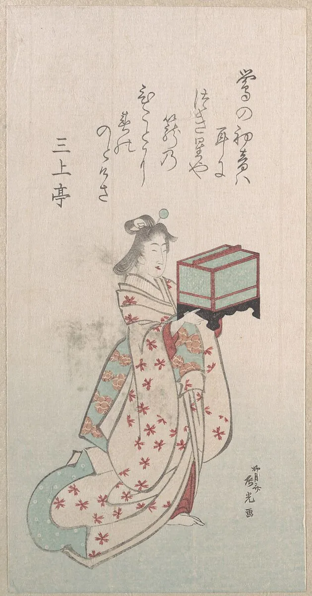 『春雨集』 摺物帖柳月斎辰光 少女に鳥かご|Spring Rain Collection (Harusame shū), vol. 2: Young Woman with a Birdcage — Ryūgetsusai Shinkō