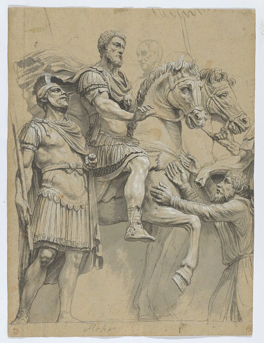 Marcus Aurelius on Horseback (recto); Study of an Antique Vase (verso) — Anonymous, German, 17th century