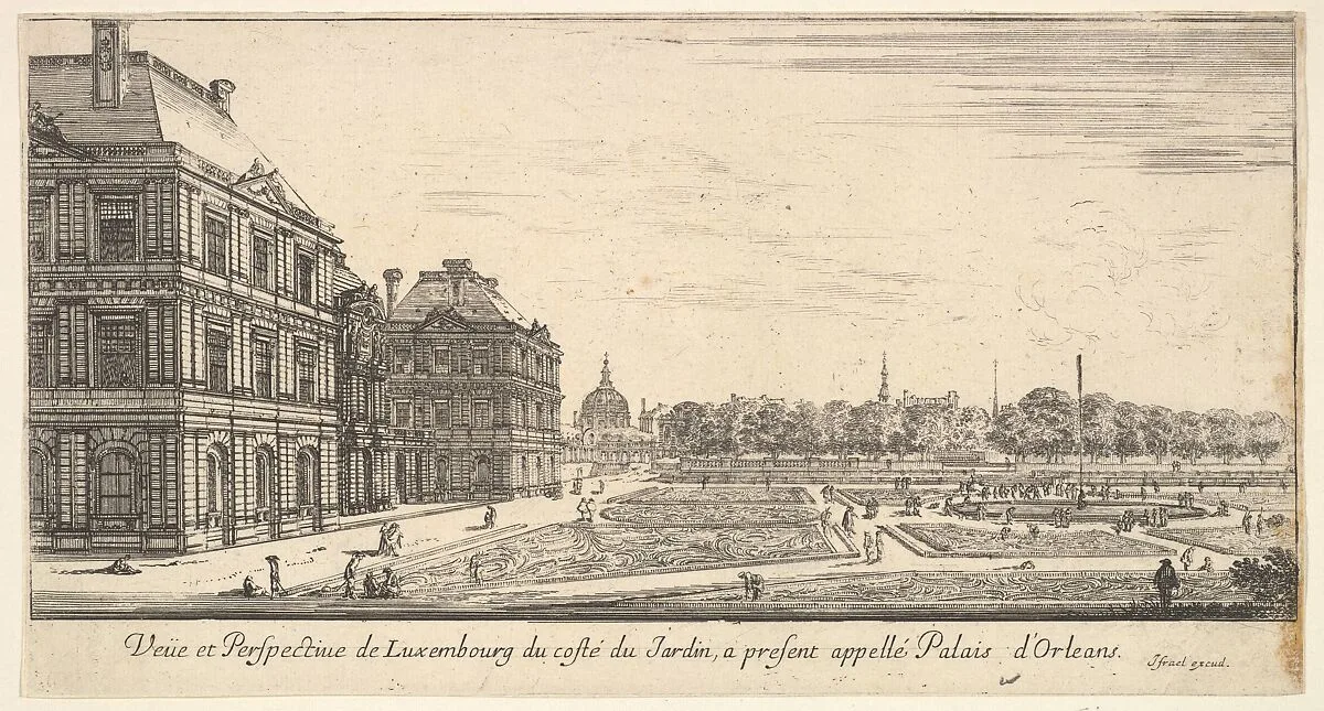 View of Luxembourg from the garden side of the Palais d'Orleans, from 'Various views of remarkable places in Italy and France' (Diverses vues d'endroits remarquables d'Italie et de France) — Stefano della Bella|Israel Silvestre|Jean Marot