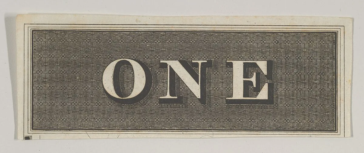 Banknote motif: the word ONE against a rectangle of ornamental basket-like lathe work — A. B. & C. Durand & Company|Durand, Perkins, and Company|Cyrus Durand