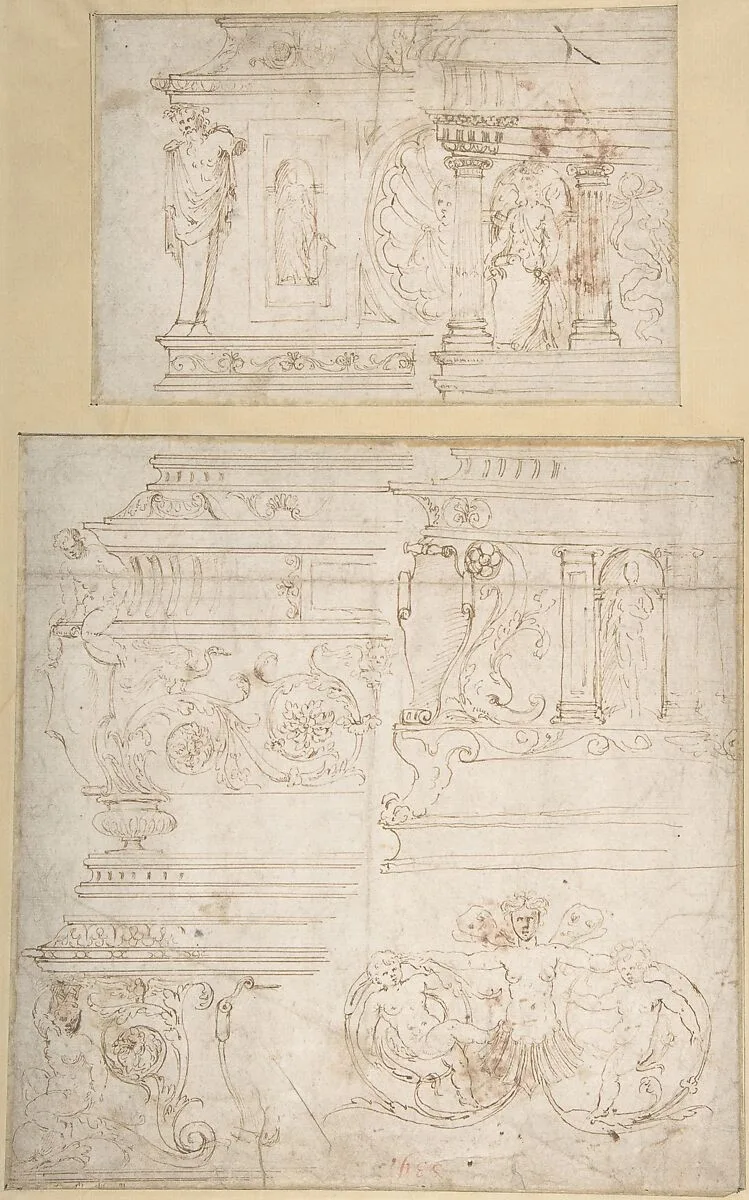 Sketches for the Design of a Casket (recto); Battle of the Centaurs and Lapiths(?) (verso) — Girolamo da Carpi (Girolamo Sellari)