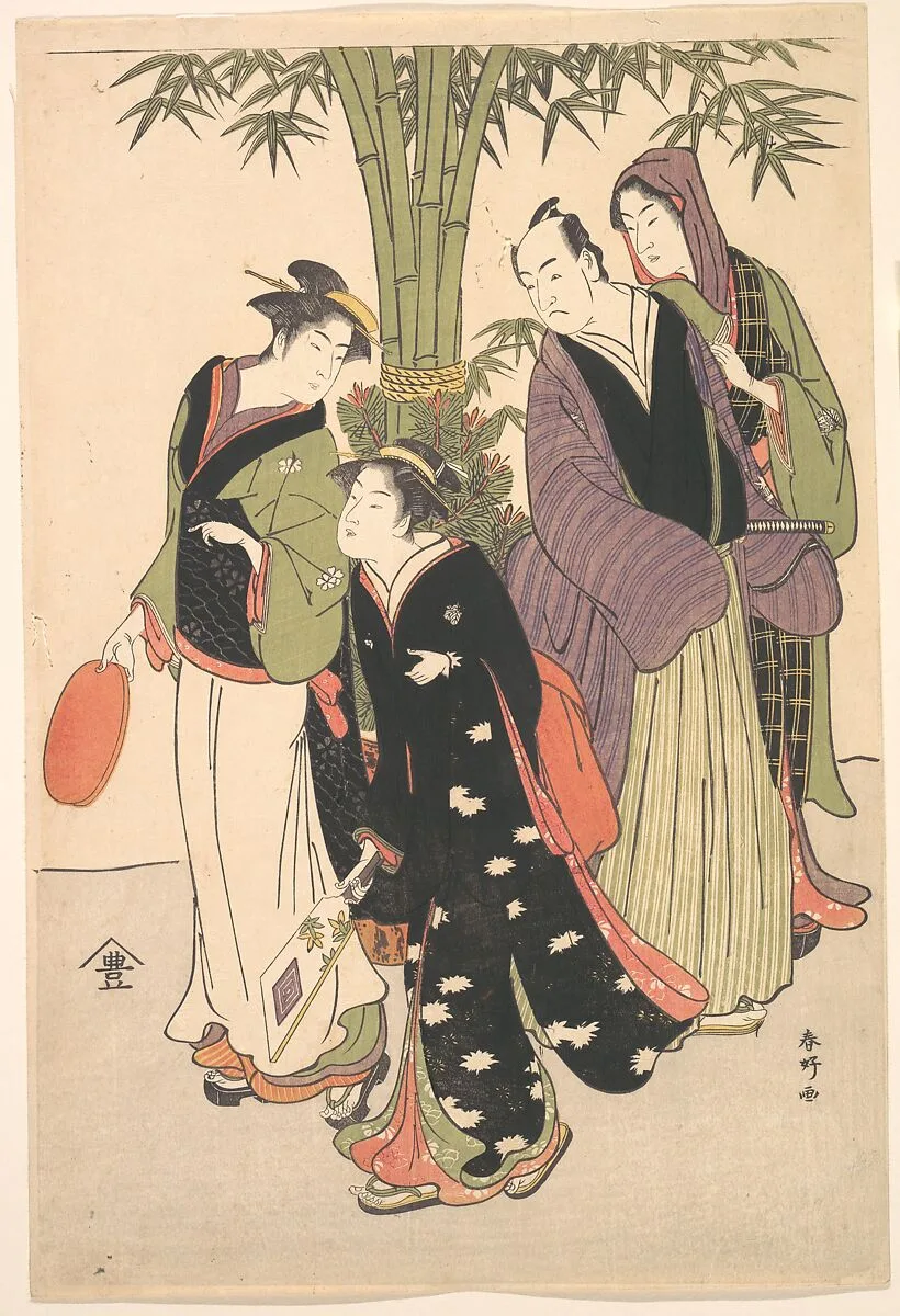 勝川春好画 三代目瀬川菊之丞・二代目市川門之助|Kabuki Actors Segawa Kikunojō III and Ichikawa Monnosuke II and Two Courtesans Celebrating the New Year — Katsukawa Shunkō