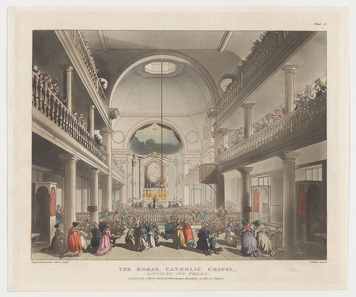 The Roman Catholic Chapel, Lincoln's Inn Fields — Auguste Charles Pugin|Thomas Rowlandson|John Bluck|Rudolph Ackermann, London
