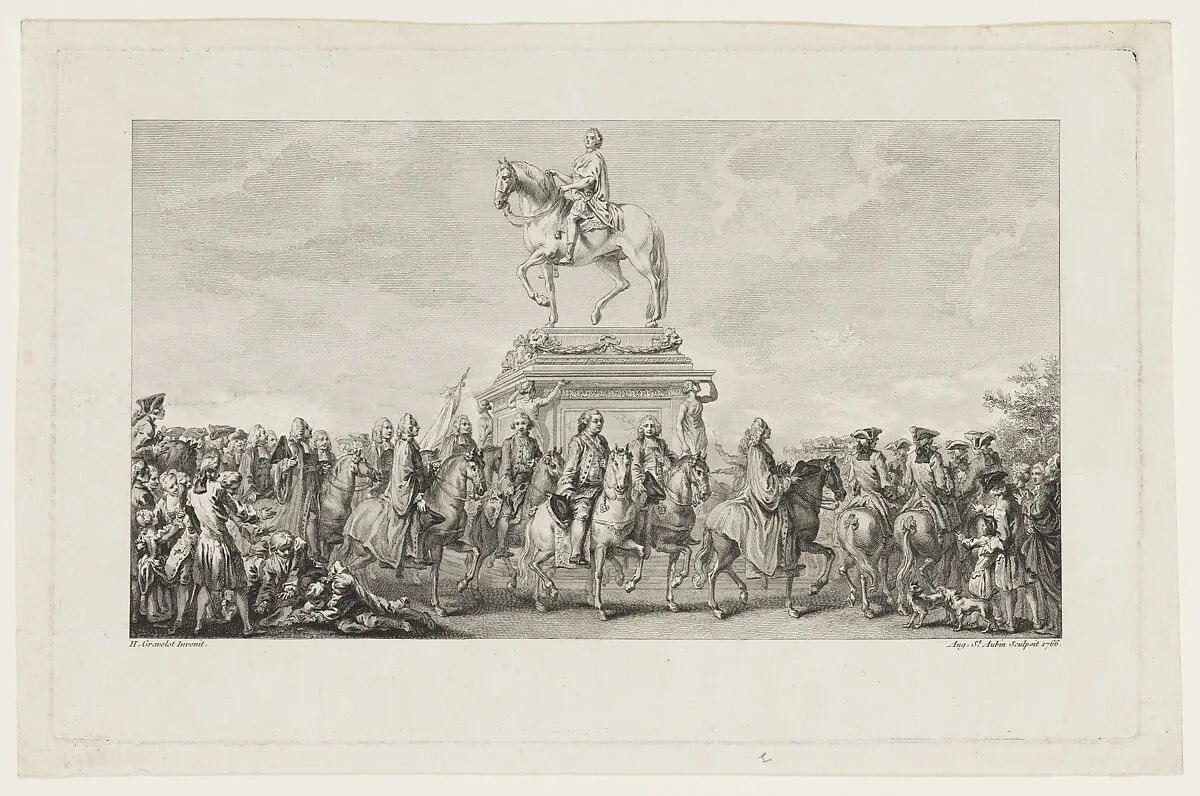 The Inauguration of the Statue of Louis XV, Vignette on page 1, from Description des Travaux qui ont précédé. accompagné et suivi la fonte en bronze d'un seul jet de la Statue Equèstre de Louis XV le bien-aimé dressée sur les mémoires de M. Lempereur ancien Echevin. Par M. Mariette, Honoraire amateur de l'Académie Royale de Peinture et Sculpture, A Paris de l'Imprimerie de P.G. Le Mercier — Augustin de Saint-Aubin|Hubert François Gravelot|Lemercier
