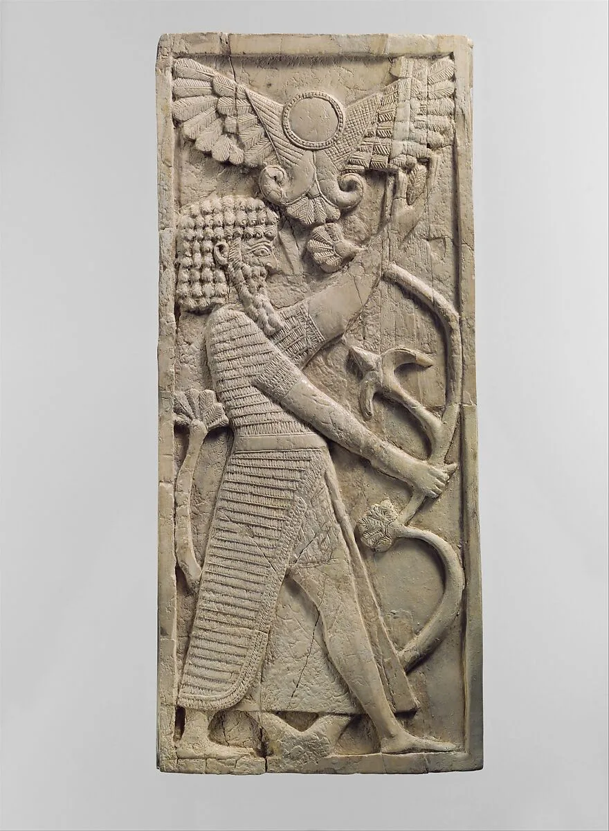 Furniture plaque carved in relief with a male figure grasping a tree; winged sun disc above — Unknown