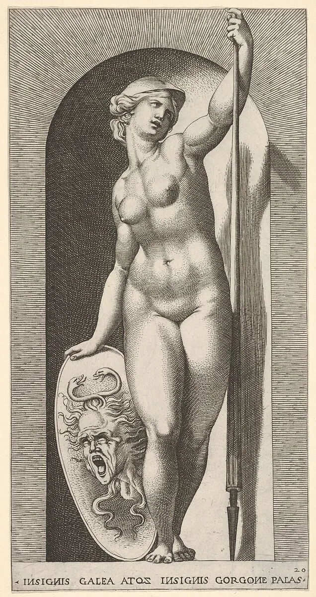 Plate 20: Pallas Athena holding a shield with Medusa's head in her right hand and a lance in her left hand, from "Mythological Gods and Goddesses" — Giovanni Jacopo Caraglio|Rosso Fiorentino