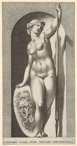 Plate 20: Pallas Athena holding a shield with Medusa's head in her right hand and a lance in her left hand, from "Mythological Gods and Goddesses"