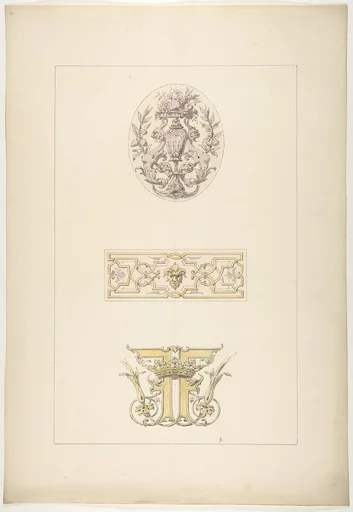 Two designs for decorative panels and one design for an ornamental monogram with a crown and the initials: FF