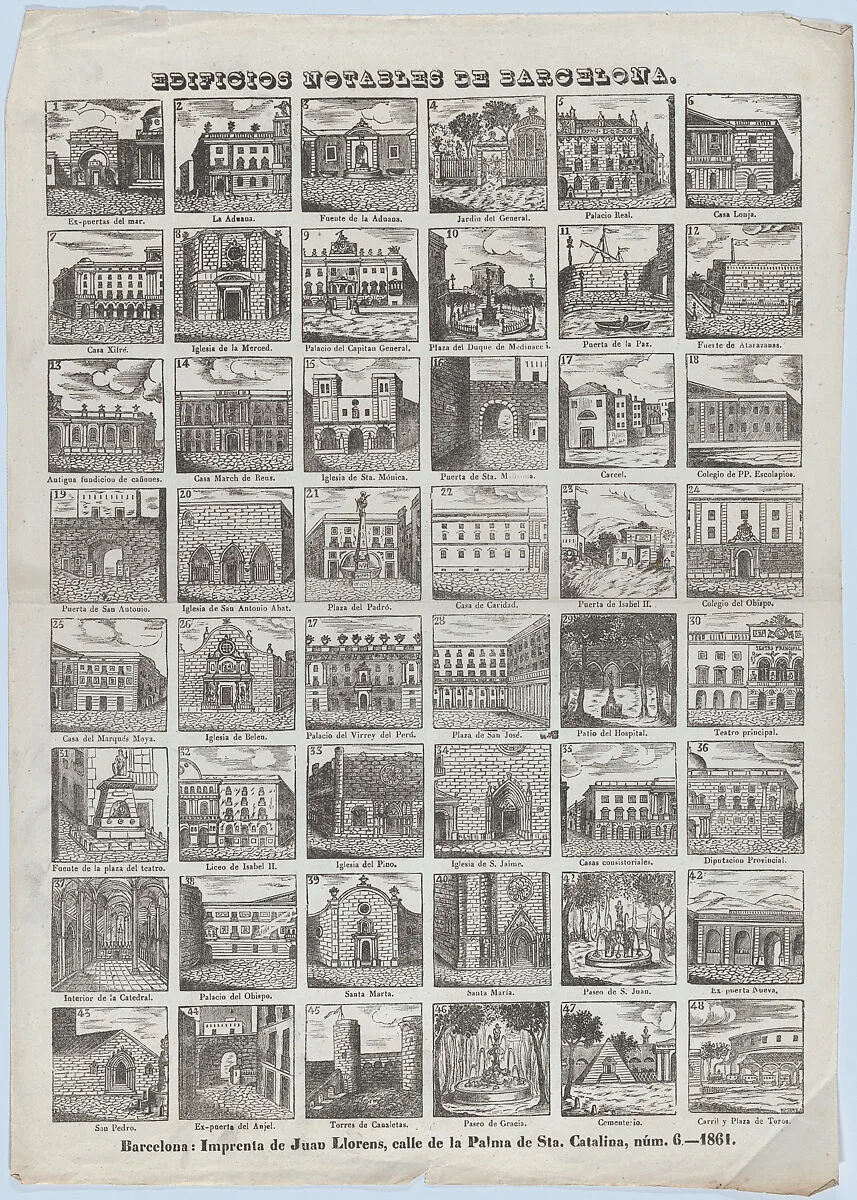 Broadside with 48 views of notable houses in Barcelona — José Noguera|Juan Llorens