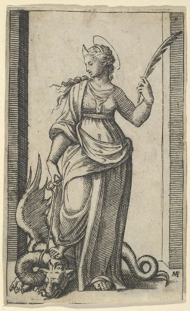 Saint Margaret standing, a dragon at the left, from "Piccoli Santi" (Small Saints) — Marcantonio Raimondi