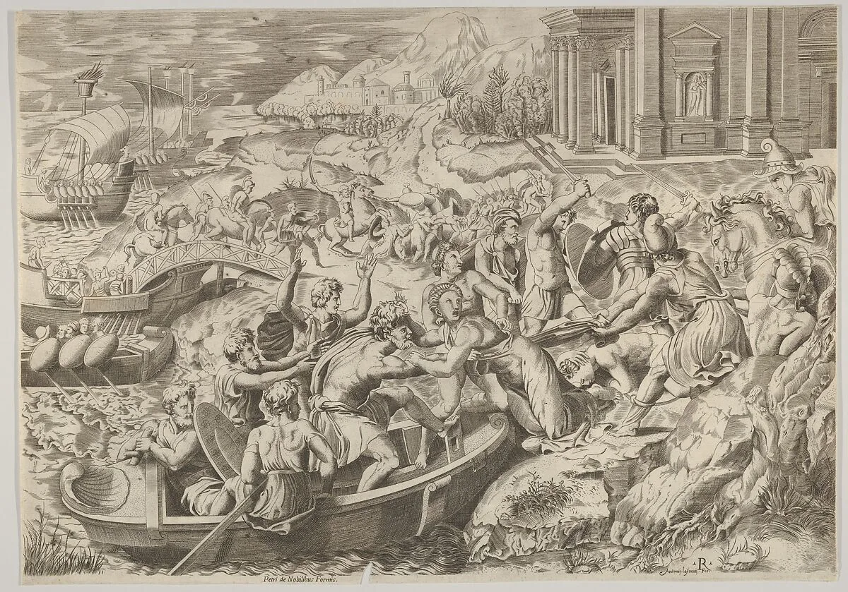 The abduction of Helen; battle scene on a shore with two men pulling Helen into a boat at center and another man pulling on her drapery in the opposite direction — Marco Dente|Pietro de' Nobili|Antonio Lafreri
