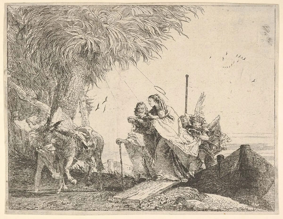 Mary, helped by Joseph and an angel, stepping from a boat to the shore, an angel steadies a donkey before her, from the series 'The Flight into Egypt' — Giovanni Domenico Tiepolo