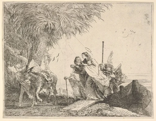 Mary, helped by Joseph and an angel, stepping from a boat to the shore, an angel steadies a donkey before her, from the series 'The Flight into Egypt'