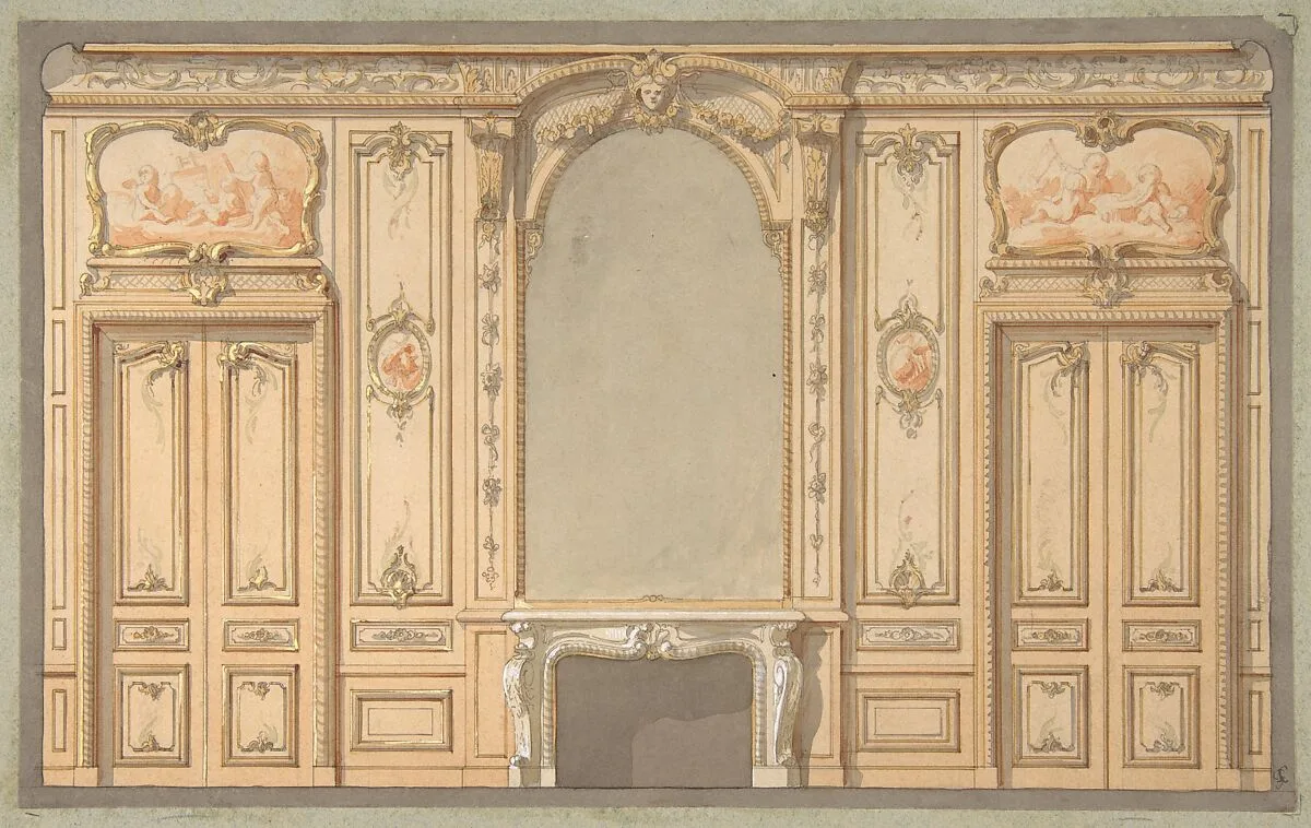 Design for wall panels, mirror, and fire mantle — Jules-Edmond-Charles Lachaise|Eugène-Pierre Gourdet