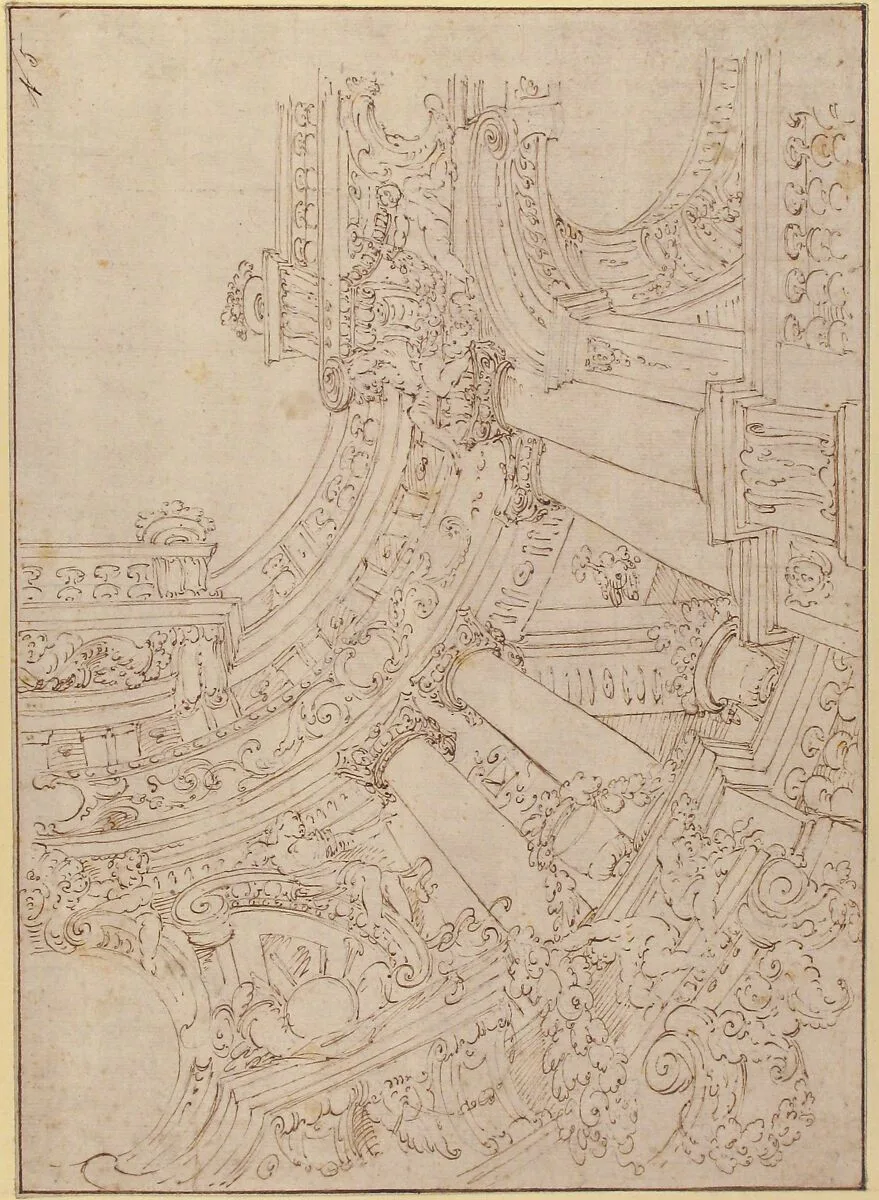 Foreshortened View of a Ceiling Corner Decorated with Columns, Urns and Putti Handing Garlands — Agostino (Stanzani) Mitelli