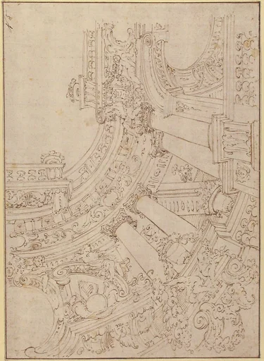 Foreshortened View of a Ceiling Corner Decorated with Columns, Urns and Putti Handing Garlands