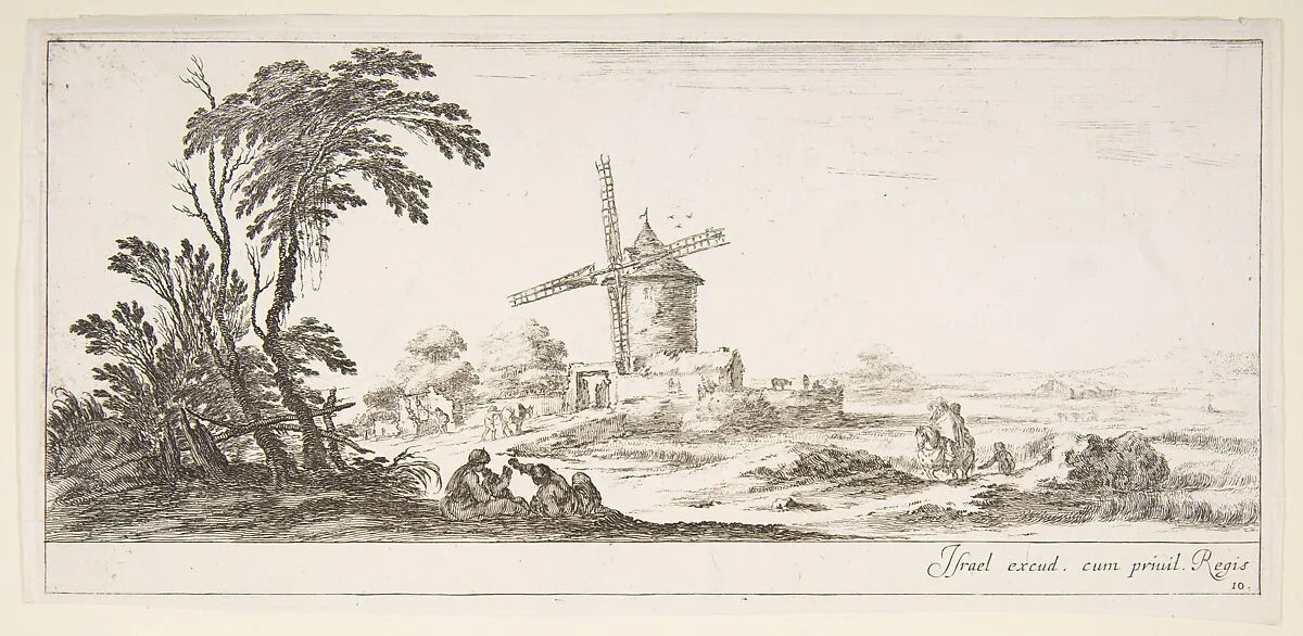 Plate 10: a family in center foreground, various figures and horses in middleground, a windmill in center background, from 'Various landscapes' (Divers paysages) — Stefano della Bella|Israël Henriet|Louis de Bourbon duc d'Anguien