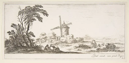 Plate 10: a family in center foreground, various figures and horses in middleground, a windmill in center background, from 'Various landscapes' (Divers paysages)