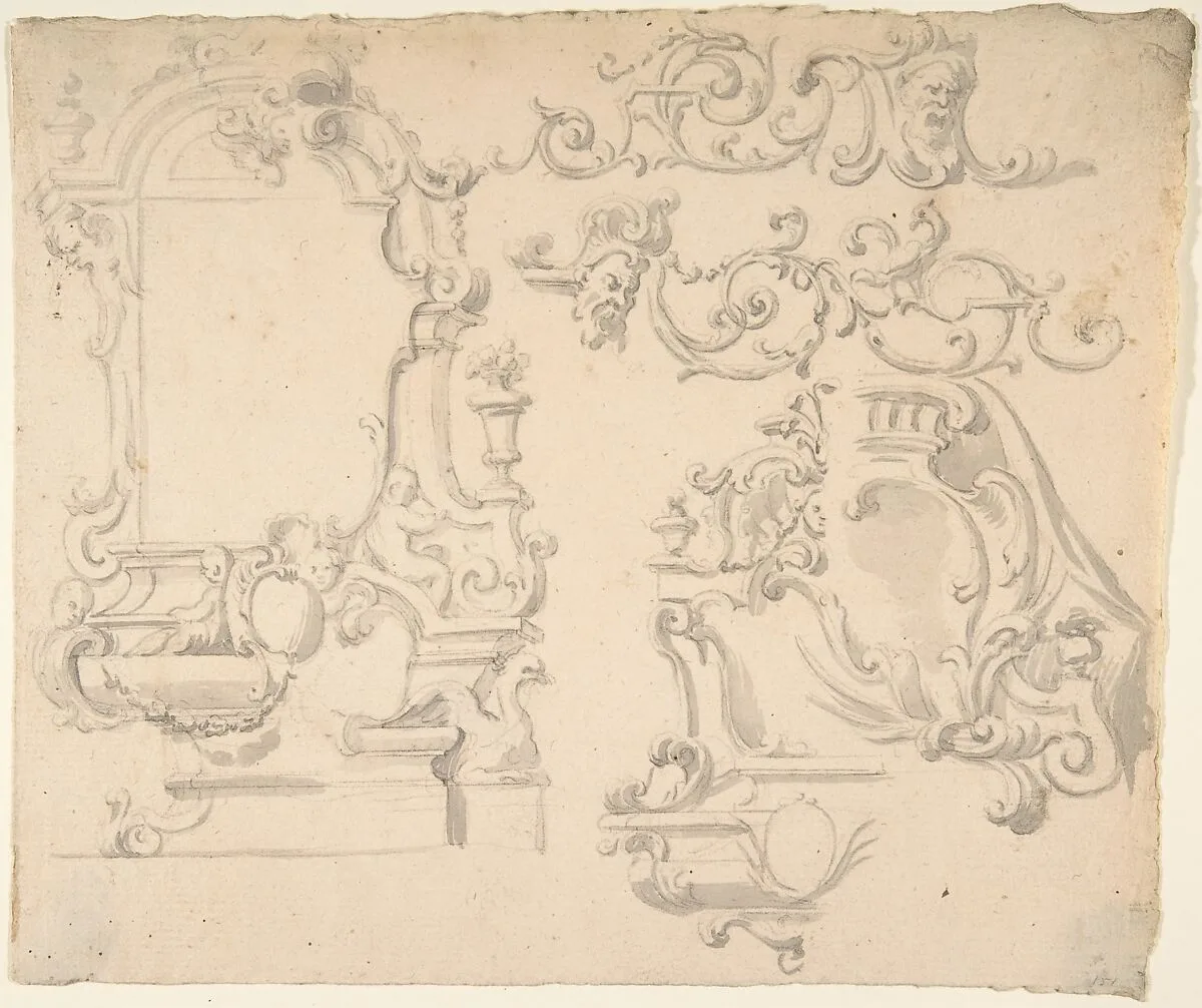Designs for Wall Ensemble with Scroll and Grotesque Motifs — Anonymous, Italian, Piedmontese, 18th century