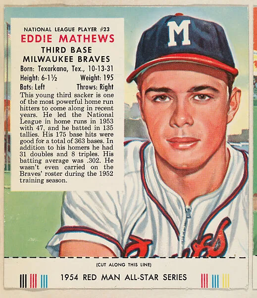 Eddie Mathews, from the Major League All Stars series (T234), issued by Red Man Chewing Tobacco — Red Man Chewing Tobacco