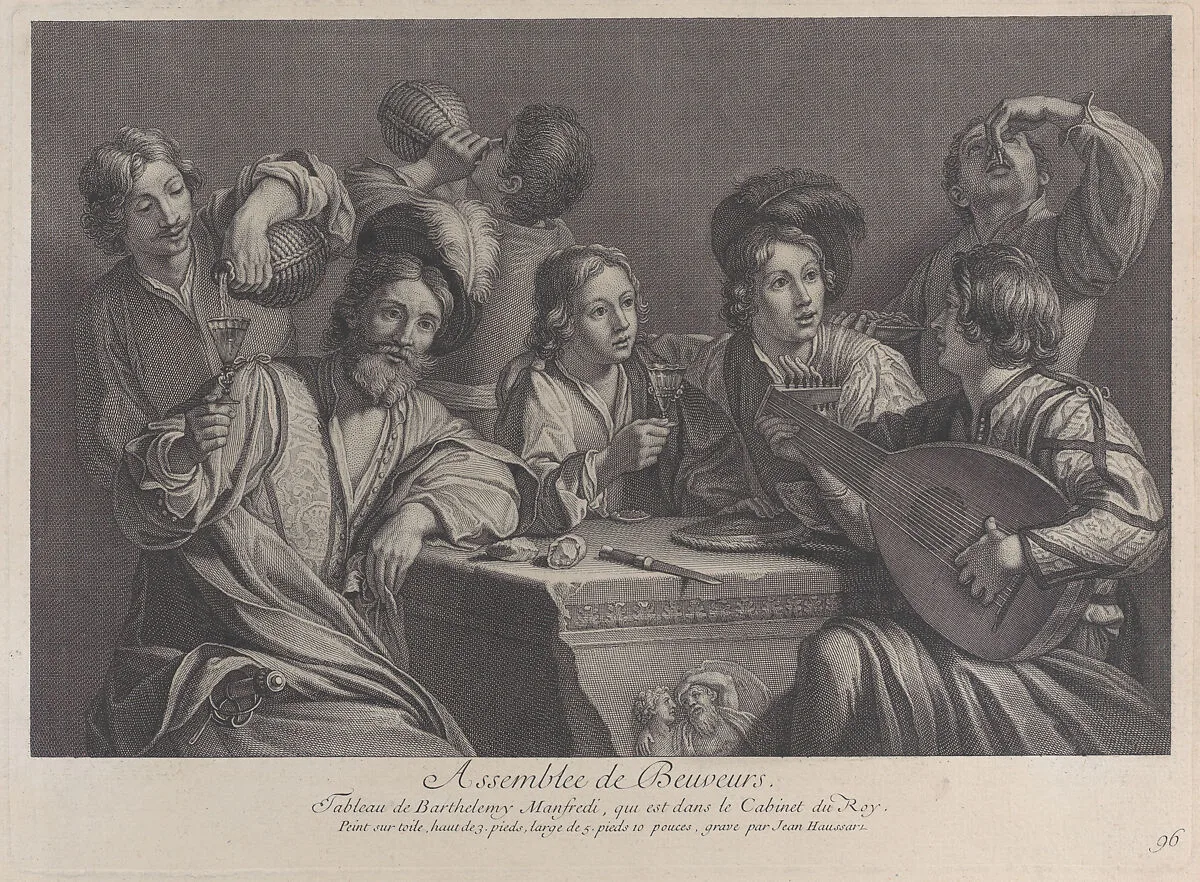 Seven men gathered around a table, drinking and listening to a lute player — Jean-Baptiste Haussard|Bartolomeo Manfredi