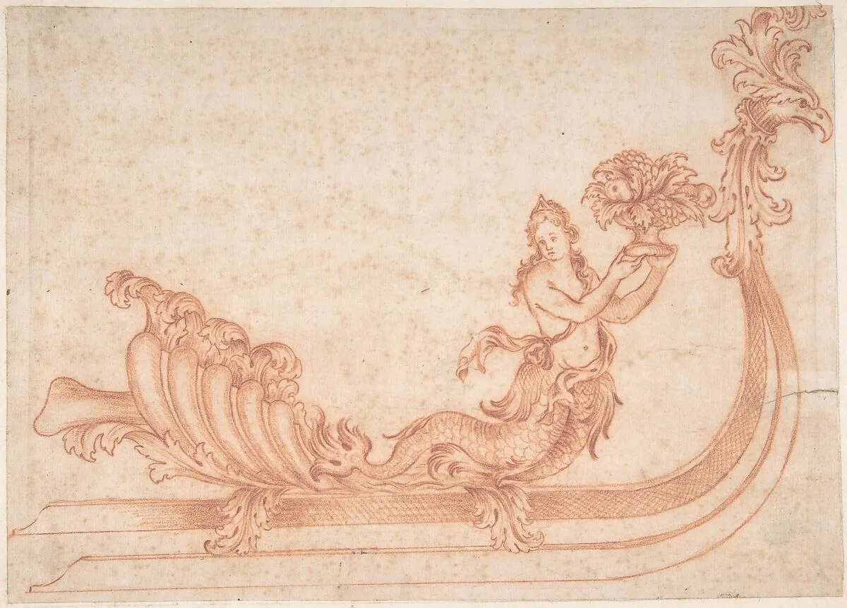 Design for a Sleigh with a Mermaid Holding a Vessel with Fruit — Anonymous, German