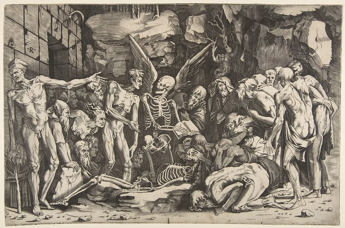 The Skeletons, a group of emaciated men and women gathered around a skeleton laid on the ground and a figure of Death as a winged skeleton standing above it holding an open book — Marco Dente|Baccio Bandinelli