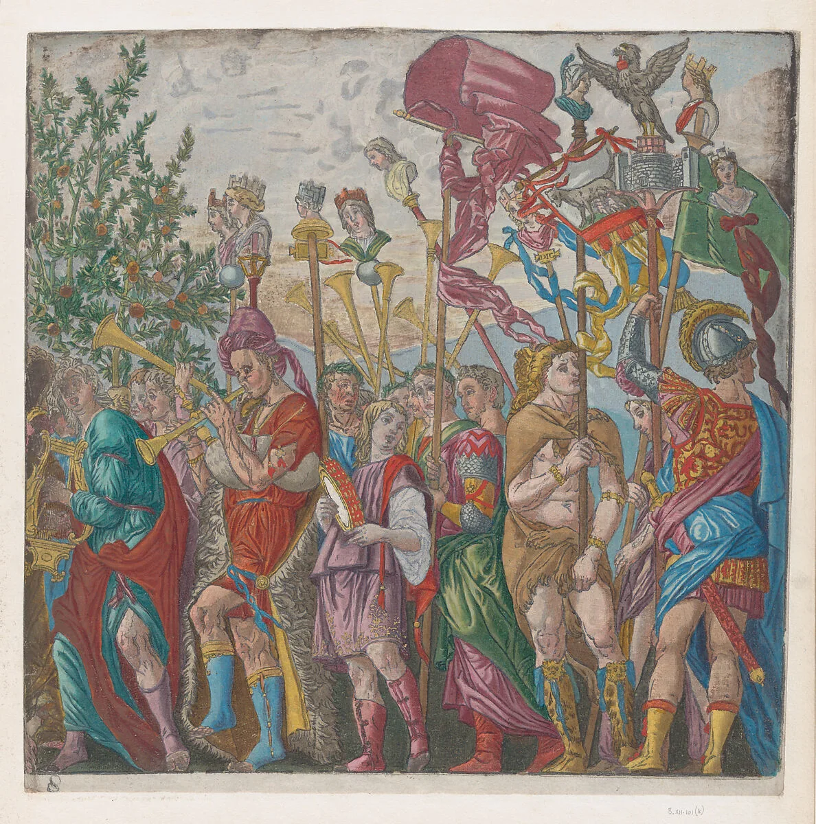 Sheet 7: Procession of Musicians and others holding standards, from "The Triumph of Julius Caesar" — Andrea Andreani|Andrea Mantegna|Bernardo Malpizzi