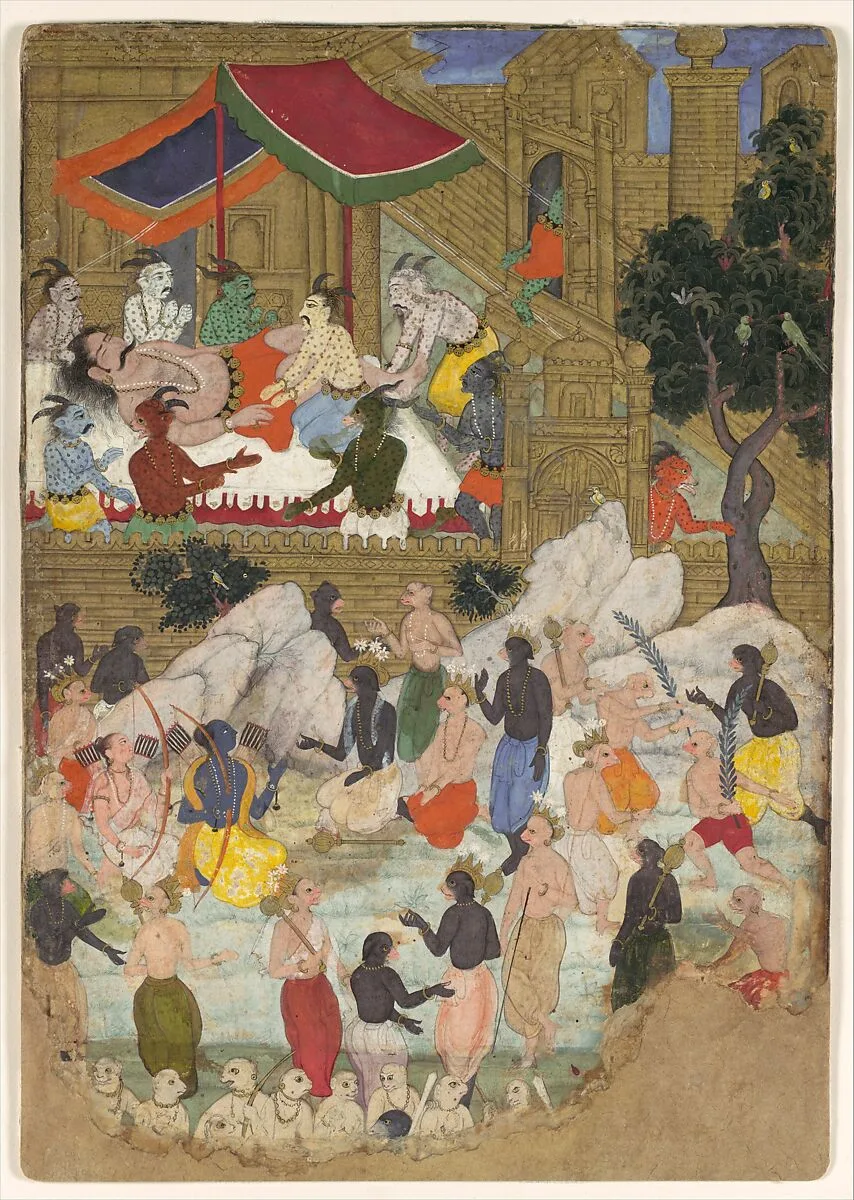"The Awakening of Kumbhakarna in the Golden City of Lanka", Folio from a Ramayana — Unknown