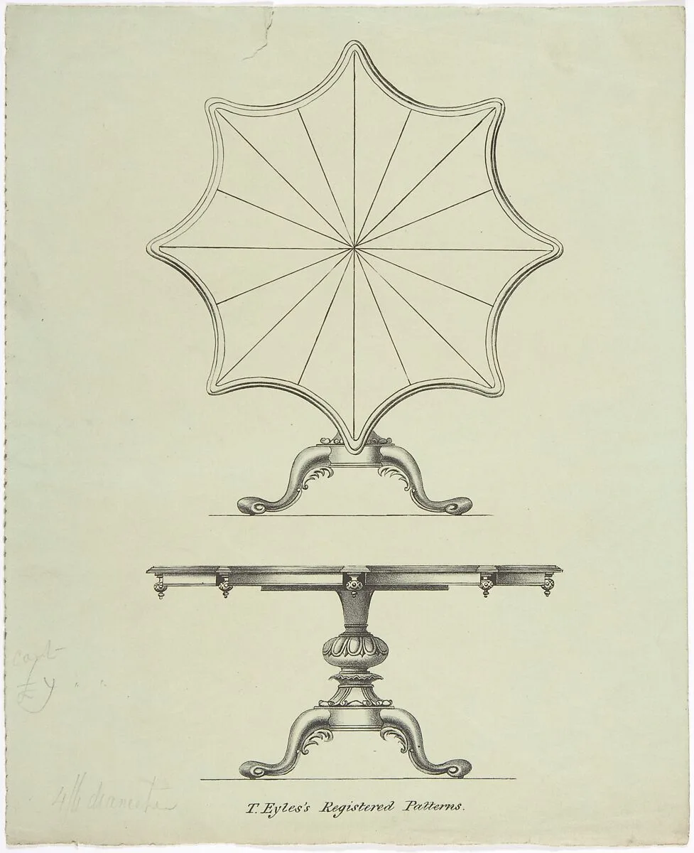 Design for a Star-shaped Tilting Pedestal Table: Two Views — Anonymous, British, 19th century