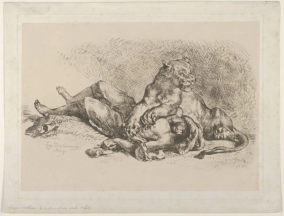 A Lioness Mauling the Chest of an Arab — Eugène Delacroix
