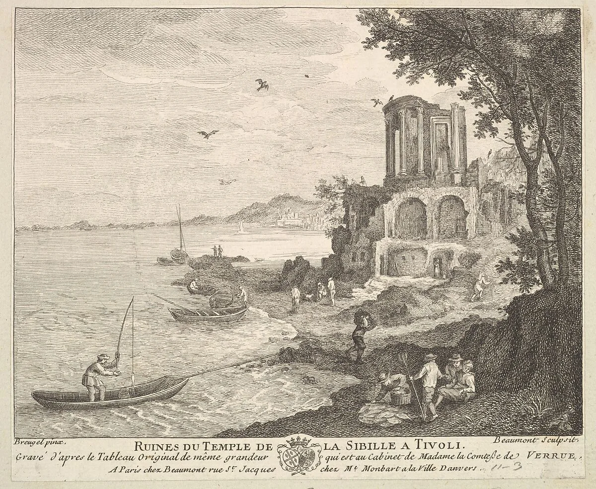 Ruins of the Temple of the Sybil in Tivoli (Ruines du Temple de la Sibille a Tivoli) after the painting in the collection of Madame la Comtesse de Verrue — Pierre François Beaumont|Jan Brueghel the Elder|Pierre François Beaumont|Monbart