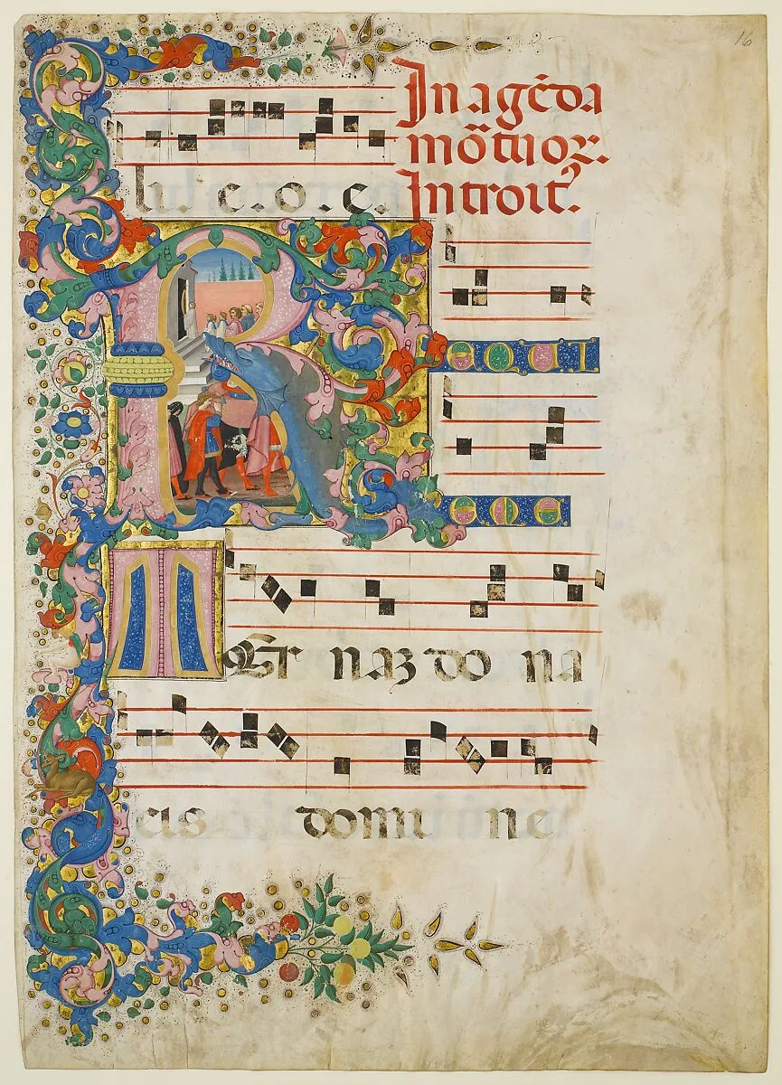 Manuscript Leaf with a Funeral Procession in an Initial R, from a Gradual — Mariano del Buono