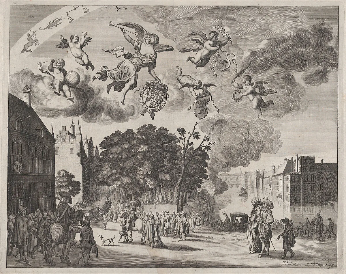 Charles II entering The Hague in a carriage with the Mauritshuis on the right; from 'Verhael van de Reys van Carel II, Coning van Groot-Brittannië, in Hollandt van 25 Mey tot 2 Junij 1660' — Jan Hendrikz. Vliet|Pieter Philippe