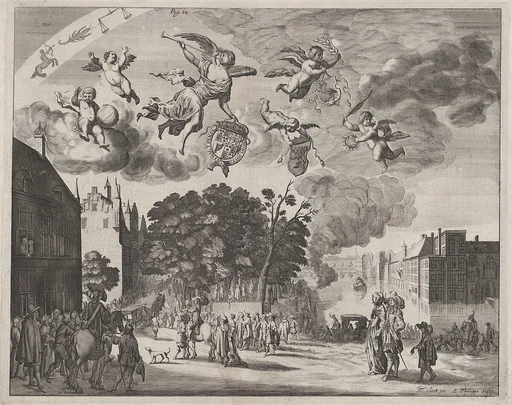 Charles II entering The Hague in a carriage with the Mauritshuis on the right; from 'Verhael van de Reys van Carel II, Coning van Groot-Brittannië, in Hollandt van 25 Mey tot 2 Junij 1660'