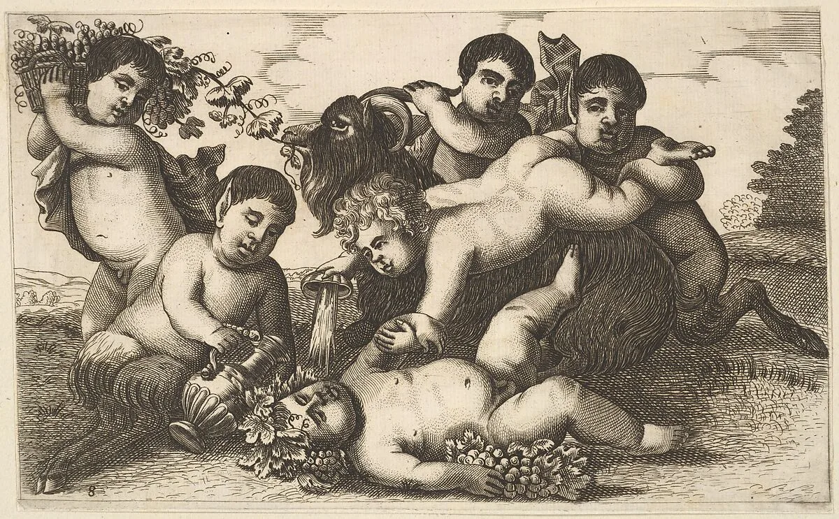 Four boys, two satyrs, and a goat (copy in reverse) — Wenceslaus Hollar|Pieter van Avont