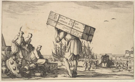 Title page: a man carrying a case on his back in center, three men looking towards him on left, Medici coat of arms on ground to left, various boats and figures to right in the background, from 'Set of eight nautical landscapes' (Suite de huit Marines)
