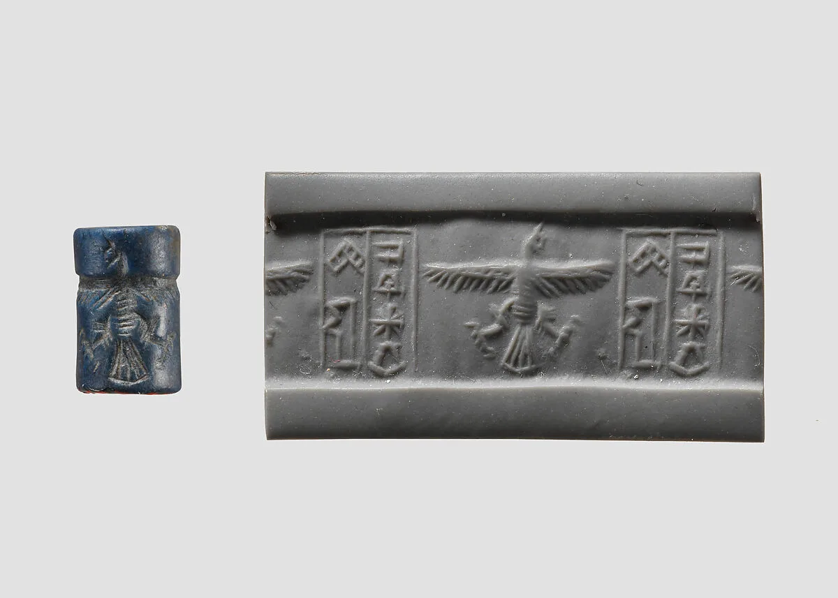 Cylinder seal and modern impression: bird, inscription — Unknown